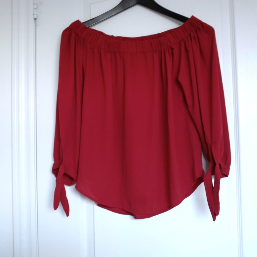 COPY - Express raspberry truffle red off shoulder chiffon blouse with sleeves d…